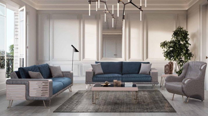 Sofas komplekts 3+3+1 sēdvietas + galds Mūsdienīgs Tekstils Komplekts Zils Jauns