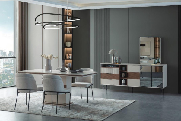 Balta ēdamgrupa Taisnstūra ēdamgalds 4 krēsli Sideboard luksusa spogulis