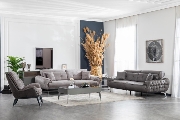 Sofas komplekts ar 3 sēdvietām, galdiņš, mēbeles, luksusa dizains, Chesterfield stilādzīvokļu istabā.