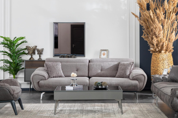 Sofas komplekts ar 3 sēdvietām, galdiņš, mēbeles, luksusa dizains, Chesterfield stilādzīvokļu istabā.