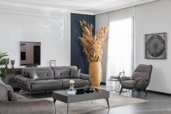 Sofas komplekts ar 3 sēdvietām, galdiņš, mēbeles, luksusa dizains, Chesterfield stilādzīvokļu istabā.