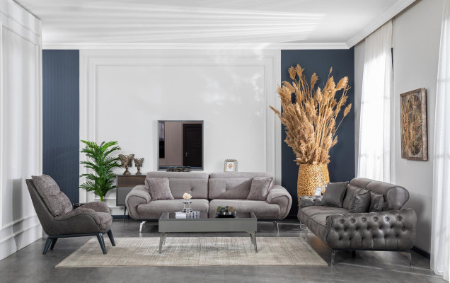 Sofas komplekts ar 3 sēdvietām, galdiņš, mēbeles, luksusa dizains, Chesterfield stilādzīvokļu istabā.