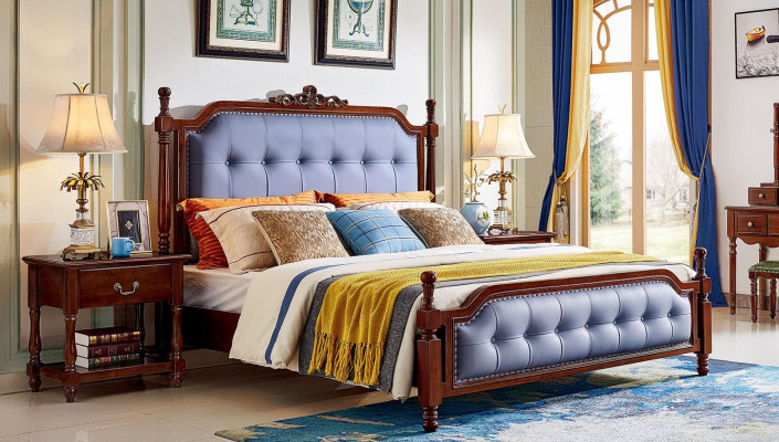 Gulta luksusa guļamistabā divguļamā gulta koka polsterēts gultas rāmis Chesterfield.