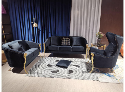Luksusa mīkstais sēdekļu komplekts 3+2+1 sēdētājs Melns samts Zelta kājiņas
