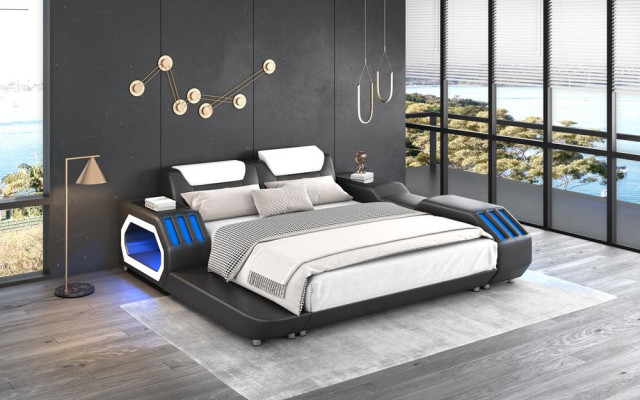 Luksusa LED gultas Apgaismots guļamistaba galds Ādas gultas 180x200 Mēbeles.
