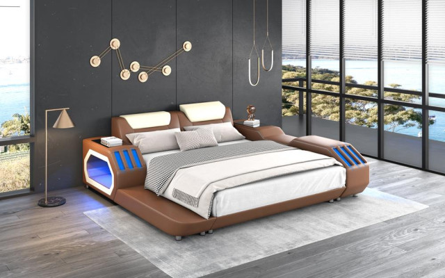 Luksusa LED gultas Apgaismots guļamistaba galds Ādas gultas 180x200 Mēbeles.
