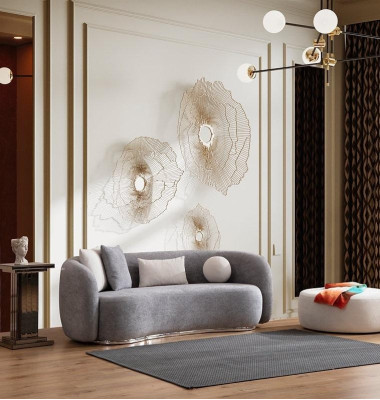 Mūsdienīgs dizains pelēkā krāsā dīvāns ar četrām sēdvietām, mēbelēm un pēdas balstu. Jauns