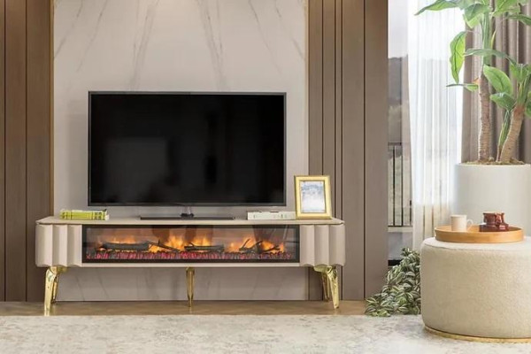 Sideboard RTV dzīvojamais istabas luksusa mēbeles kamīns Beige MDF metāla zems.