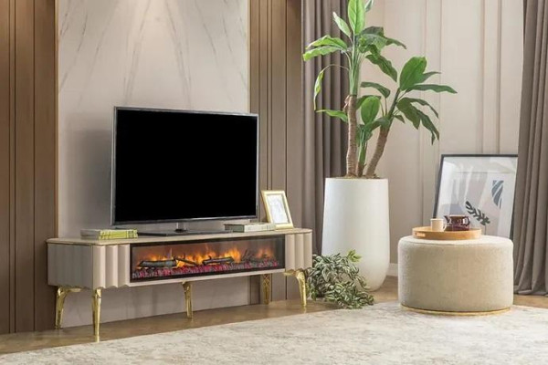 Sideboard RTV dzīvojamais istabas luksusa mēbeles kamīns Beige MDF metāla zems.
