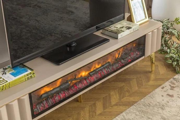 Sideboard RTV dzīvojamais istabas luksusa mēbeles kamīns Beige MDF metāla zems.