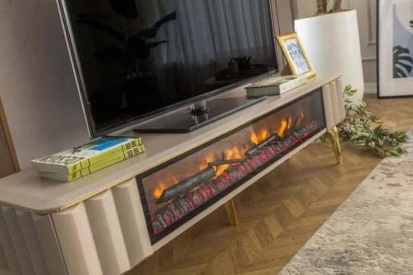 Sideboard RTV dzīvojamais istabas luksusa mēbeles kamīns Beige MDF metāla zems.