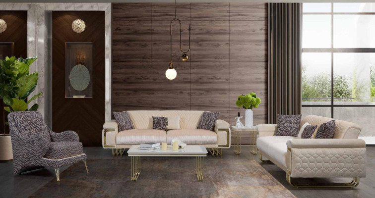 Dizainera dzīvojamās istabas komplekts ar luksusa trīsvietīgu dīvānu un galdiņiem.