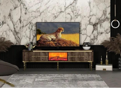 TV stūris izsmalcināts tumši brūns MDF + zelta metāls jauns
