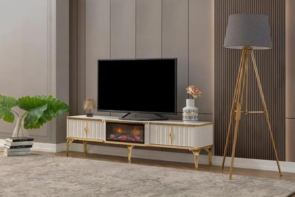 Dzīvojamās istabas TV zemais skapis balts + zelts MDF galds Metāla RTV Luxus Neu