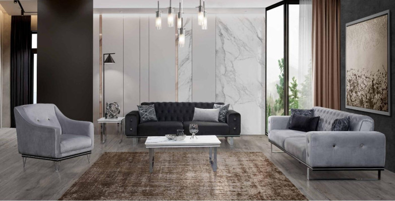 Melns-pelēks Chesterfield dīvānu komplekts moderniem dīvāniem blakusgalda