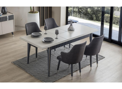 Dizainera taisnstūra baltā ēdamgalds ar 6 pelēkiem polsterētiem krēsliem, 7 gab. komplekts