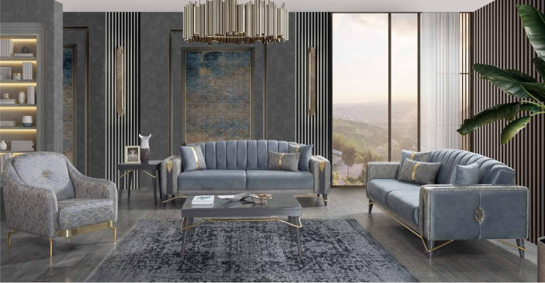 Luksusa pelēka Chesterfield mīksta mēbeļu komplekts dzīvojamā istabā ar 3 vietām un auduma krēslu.