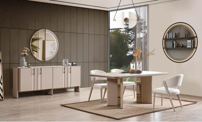 Pilnīga beige ēdamistabas komplekta komplekts - ēdamgalds krēsli blīze piederumi spogulis
