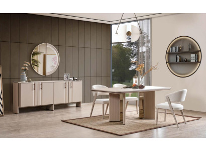 Pilnīga beige ēdamistabas komplekta komplekts - ēdamgalds krēsli blīze piederumi spogulis