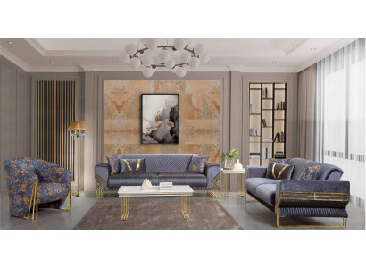 Gaiši zilais dzīvojamais istabas komplekts, dizainera 3-vietīgā sofa, luksusa krēsls un galdiņš.