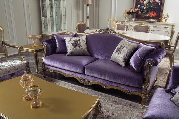 Trijvietīgā sofa 3-vietīgā dīvānās Luksusa dīvāns Samts Baroka rokoko Violeta