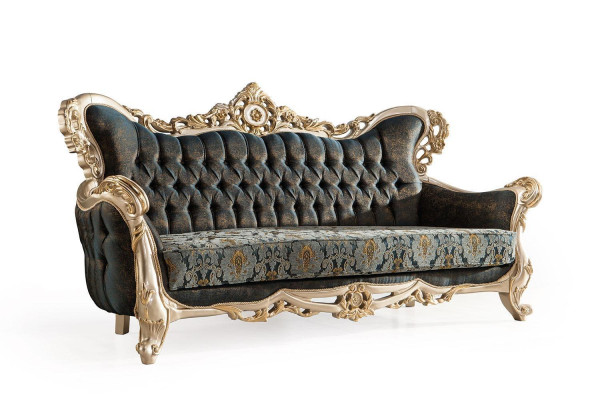 Sofas garāža dīvāns Baroka Rokoko komplekts galdiņš turku zilo 5 daļas Zelts