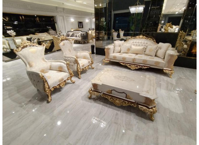 Sofa komplekts 311 + galds no koka, dzīvojamā istaba, luksusa Chesterfield stila jauns audums