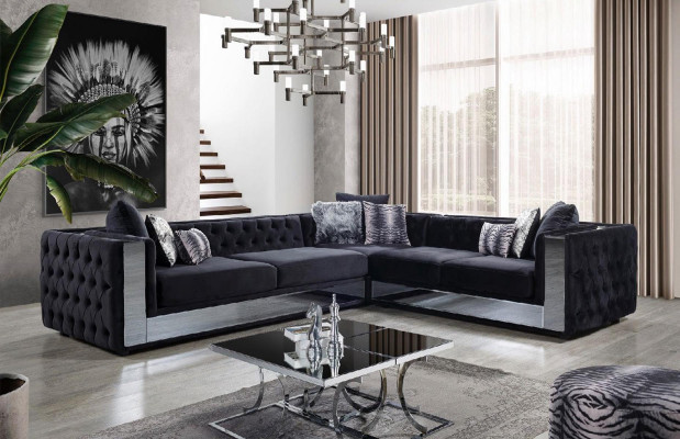 Melna Chesterfield mīkstā sofa Stūra dīvāns Garnitūra Mēbeles Luksusa stūra dīvāns