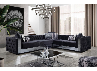 Melna Chesterfield mīkstā sofa Stūra dīvāns Garnitūra Mēbeles Luksusa stūra dīvāns
