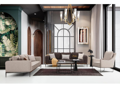 Sofa komplekts ar 2 sēdvietām, dīvāns, krēsls, moderns komplekts bēšā krāsā.