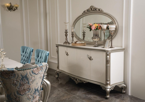 Luksusa kumode, spoguļu grupa, koka konsole, skapītis, plaukti.