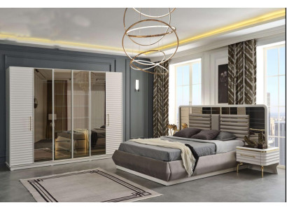 Moderni guļamistabas mēbeļu dizainera divguļamā gulta ar diviem koka naktsstendēm, 3 gab.