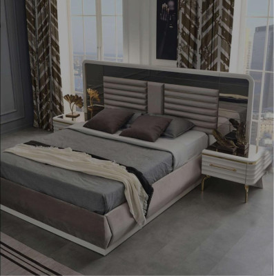 Moderni guļamistabas mēbeļu dizainera divguļamā gulta ar diviem koka naktsstendēm, 3 gab.