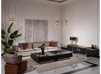 Sofas komplekts ar trīsajām dīvānu vienībām, krēslu un diviem galdiņiem, 6 daļas, pelēka dzīvojamā istaba.