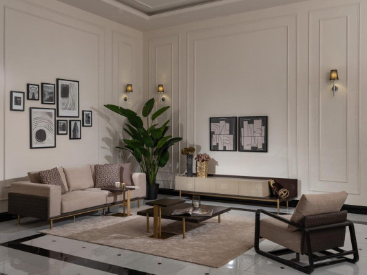Pilnīgi mēbeles dzīvojamā istabā Dīvāns galds 6 gab Stofa Dīvāns Beige koks Moderns