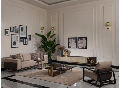 Pilnīgi mēbeles dzīvojamā istabā Dīvāns galds 6 gab Stofa Dīvāns Beige koks Moderns