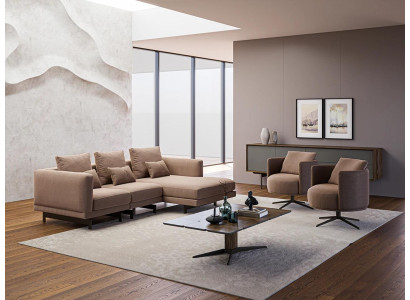 Sofas komplekts - Luxus mēbeles, L-formas gultne, 2 krēsli, mēbeles no mīkstā materiāla, jauna galds.