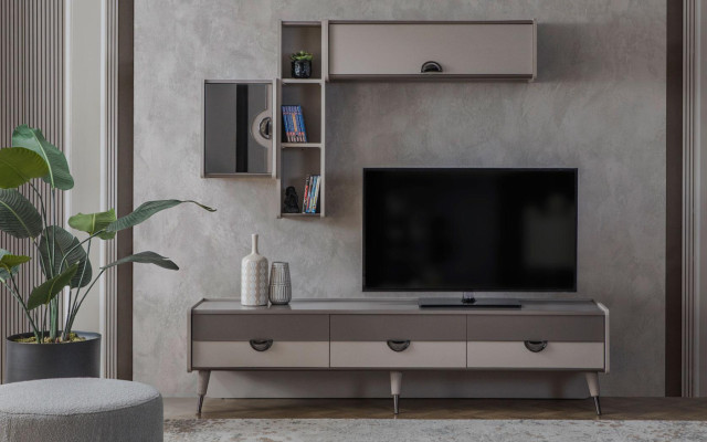 Pelēks dizainera dzīvojamā istaba TV stends RTV Lowboard mēbeles Jauni
