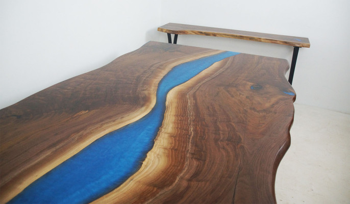 Ēdamgalds River Table Reāla koka upes galds 220x100 masīvie galdi Epoksīda sveķi