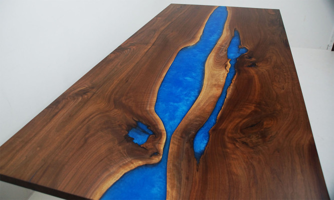 Ēdamgalda Blue River Table īstais koks 220x90 galds Epoksīda smīrīgskābes jauni
