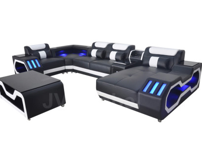 Ādas dīvāns dīvāns ar polsterīšu stūra komplektu Mūsdienu dzīvojamā zona Galds + USB + LED