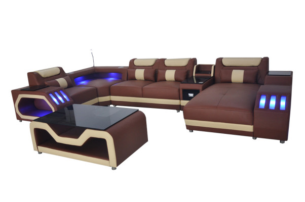 Ādas dīvāns dīvāns ar polsterīšu stūra komplektu Mūsdienu dzīvojamā zona Galds + USB + LED