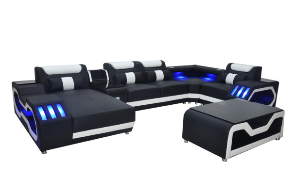 Ādas dīvāns dīvāns ar polsterīšu stūra komplektu Mūsdienu dzīvojamā zona Galds + USB + LED