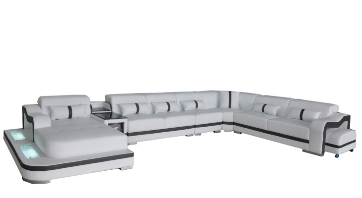 Ādas dīvāns ar polsterētu sēdekli, mūsdienīgi dizainēta stūra mēbeļu komplekta sofa ar USB.