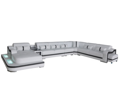 Ādas dīvāns ar polsterētu sēdekli, mūsdienīgi dizainēta stūra mēbeļu komplekta sofa ar USB.