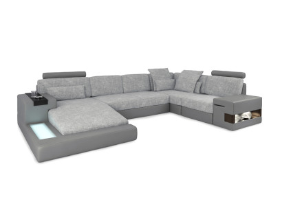Stūra dīvāns dzīvojamā dizainā U formas ādas dīvāns dīvāns polster couch auduma āda USB + LED.