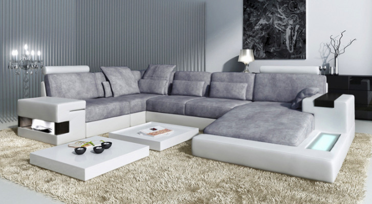 Stūra dīvāns dzīvojamā dizainā U formas ādas dīvāns dīvāns polster couch auduma āda USB + LED.