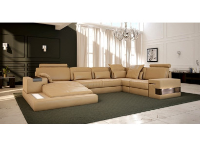 Dzīvojama teritorija, pārklāta ar mēbelēm, XXL lielā sofa Bellini dizaina ādas sofa, jauna.