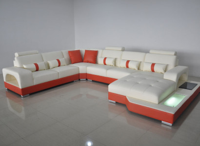 Stūrsofa ādas dīvāns gultas dīvānu stūra sēdeklis dzīvojamai vietai U-formas krēms oranžs jauns