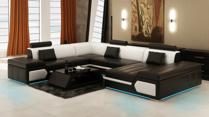 Ādas dīvāns Sofa Dīvāns Dīvāngaldu stūra dīvāns komplekts dizains moderns melns +USB